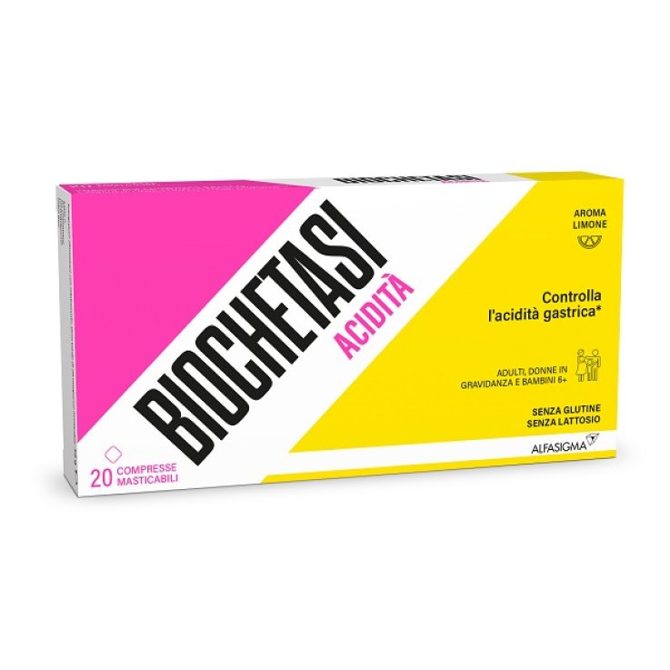 BIOCHETASI ACIDITA' 20 COMPRESSE MASTICABILI AROMA LIMONE SENZA GLUTINE SENZA LATTOSIO BIOCHETASI ACIDITA' 20 COMPRESSE MASTICABILI AROMA LIMONE SENZA GLUTINE SENZA LATTOSIO