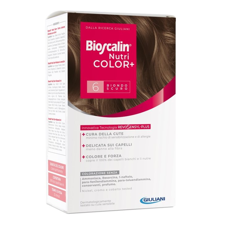 BIOSCALIN NUTRICOLOR PLUS 6 BIONDO SCURO CREMA COLORANTE 40ML + RIVELATORE CREMA 60 ML + SHAMPOO 12 ML + TRATTAMENTO FINALE BALSAMO 12 ML