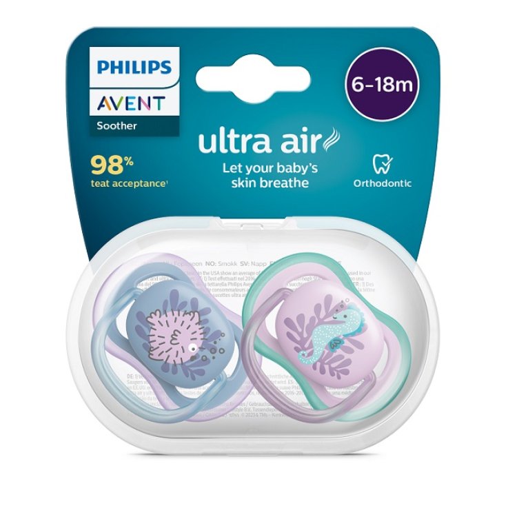 AVENT ULTRA AIR CIUCCIO ORTODONTICO 6-18 MESI PESCE PALLA/CAVALLUCCIO MARINO 2 PEZZI