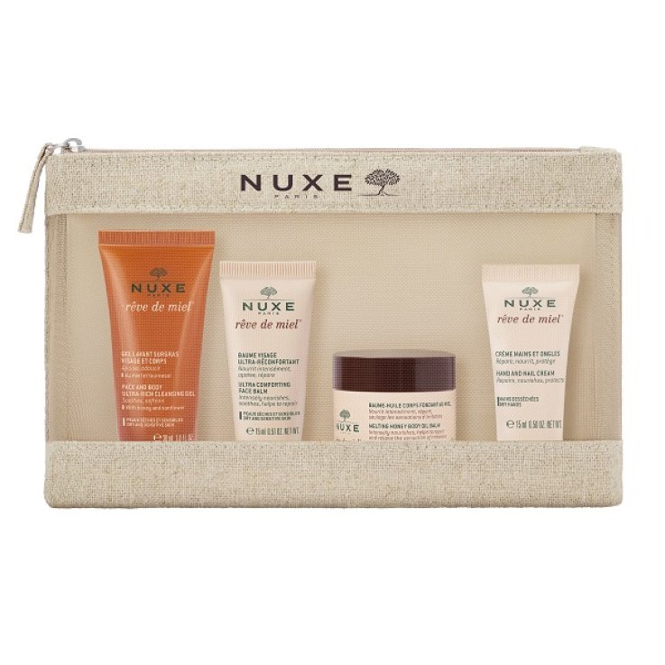 NUXE TROUSSE VOYAGE REVE DE MIEL 2026 FACE AND BODY ULTRA RICH CLEANSING GEL 30 ML + ULTRA COMFORTING FACE BALM 15 ML +MELTING HONEY BODY OIL BALM 30 ML + HAND AND NAIL CREAM 15ML