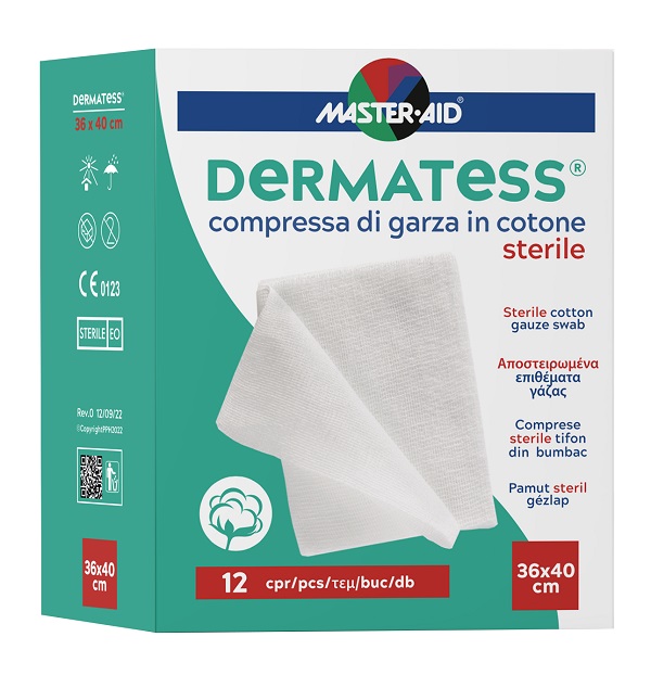 GARZA COMPRESSA MASTER-AID DERMATESS COTONE 36X40CM 12 PEZZI - Farmapanda Srl