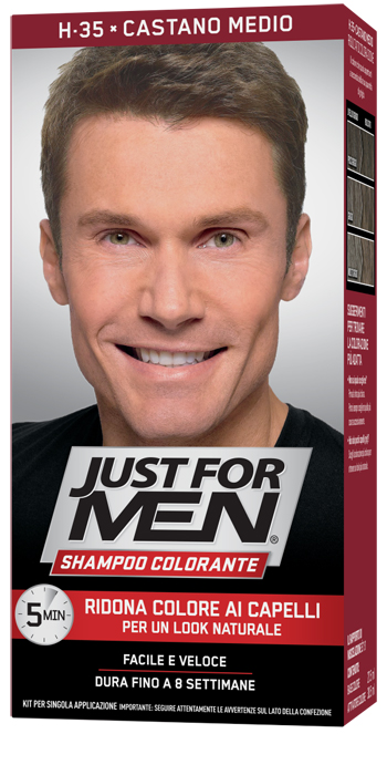 JUST FOR MEN SHAMPOO COLORANTE H35 CASTANO MEDIO ATTIVATORE CHIARO 38,5 ML + BASE COLORE 27,5 ML - Farmapanda Srl