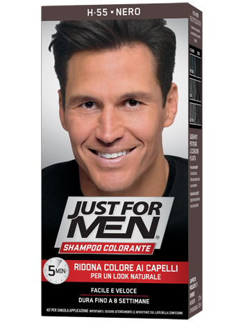 JUST FOR MEN SHAMPOO COLORANTE H55 NERO ATTIVATORE CHIARO 38,5 ML + BASE COLORE 27,5 ML - Farmapanda Srl