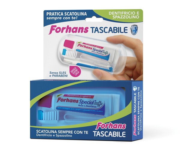 FORHANS TRAVEL KIT TASCABILE COMPOSTO DA SPAZZOLINO DA VIAGGIO + FORHANS SPECIAL PASTA DENTIFRICIA TUBETTO 12,5 ML - Farmapanda Srl