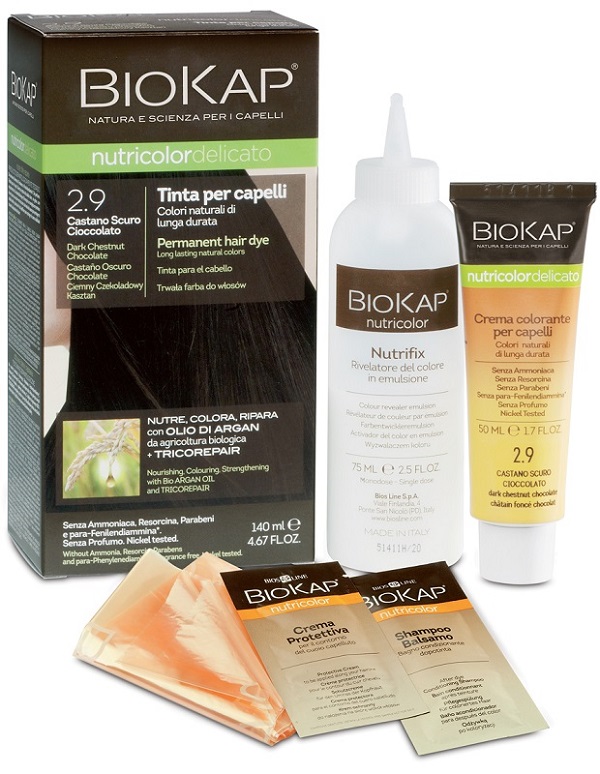 BIOKAP NUTRICOLOR DELICATO 2,9 CASTANO SCURO CIOCCOLATO TINTA TUBO + FLACONE - Farmapanda Srl