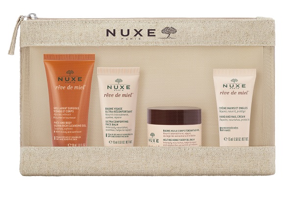 NUXE TROUSSE VOYAGE REVE DE MIEL 2026 FACE AND BODY ULTRA RICH CLEANSING GEL 30 ML + ULTRA COMFORTING FACE BALM 15 ML + MELTING HONEY BODY OIL BALM 30 ML + HAND AND NAIL CREAM 15ML - Farmapanda Srl