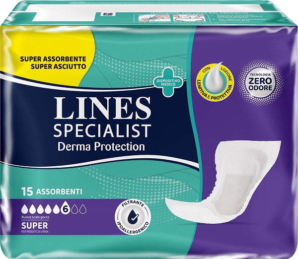 PANNOLONE PER INCONTINENZA LINES SPECIALIST DERMA PROTECTION SAGOMATO ANATOMICO SUPER 15 PEZZI - Farmapanda Srl