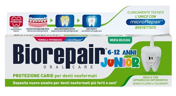 BIOREPAIR ORAL CARE JUNIOR 6-12 ANNI DENTIFRICIO PROTEZIONE ANTI CARIE SMALTO NEOFORMATO ALLA MENTA DELICATA 75 ML - Farmapanda Srl