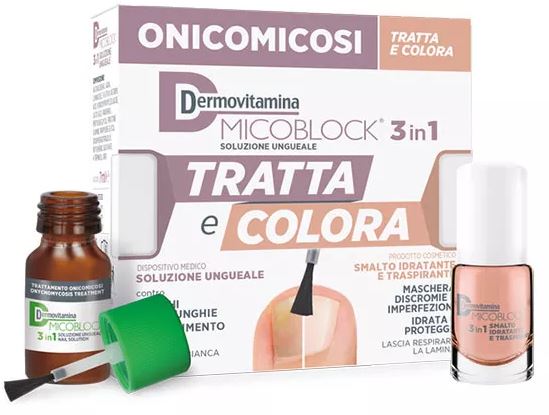 DERMOVITAMINA MICOBLOCK 3 IN 1 TRATTA E COLORA SOLUZIONE UNGUEALE 7 ML + SMALTO IDRATANTE TRASPIRANTE 5 ML - Farmapanda Srl