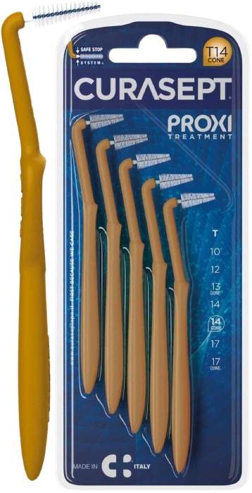 SCOVOLINO CURASEPT PROXI ANGLE MISURA T14 CONICO ISO 4 COLORE OCRA DIAMETRO 1,4 MM 5 PEZZI - Farmapanda Srl