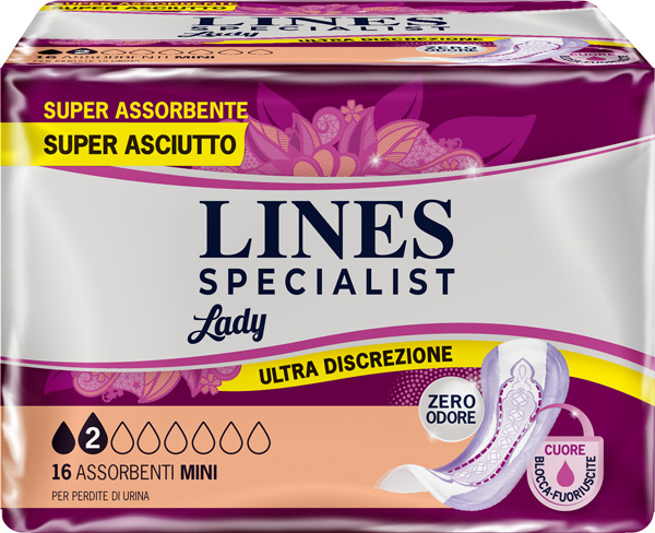 ASSORBENTI PER INCONTINENZA LINES SPECIALIST LADY 2 MINI 16 PEZZI - Farmapanda Srl