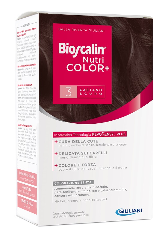BIOSCALIN NUTRICOLOR PLUS 3 CASTANO SCURO CREMA COLORANTE 40 ML + RIVELATORE CREMA 60 ML + SHAMPOO 12 ML + TRATTAMENTO FINALE BALSAMO 12 ML - Farmapanda Srl