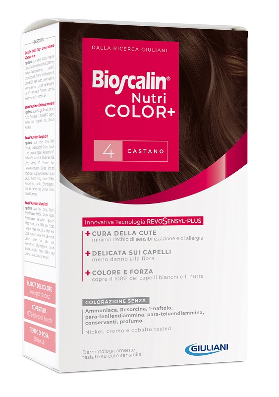 BIOSCALIN NUTRICOLOR PLUS 4 CASTANO CREMA COLORANTE 40 ML + RIVELATORE CREMA 60 ML + SHAMPOO 12 ML + TRATTAMENTO FINALE BALSAMO 12 ML - Farmapanda Srl