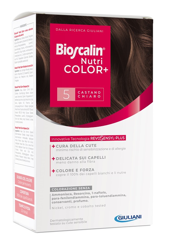 BIOSCALIN NUTRICOLOR PLUS 5 CASTANO CHIARO CREMA COLORANTE 40 ML + RIVELATORE CREMA 60 ML + SHAMPOO 12 ML + TRATTAMENTO FINALE BALSAMO 12 ML - Farmapanda Srl