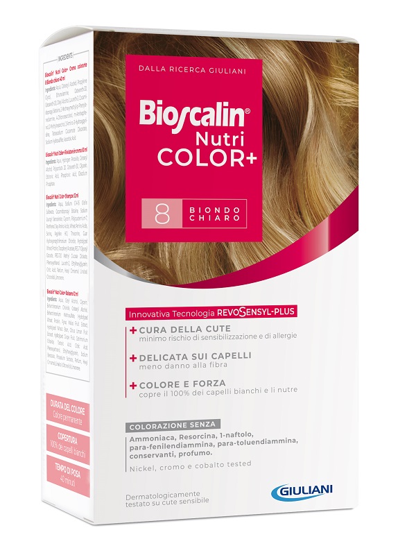 BIOSCALIN NUTRICOLOR PLUS 8 BIONDO CHIARO CREMA COLORANTE 40 ML + RIVELATORE CREMA 60 ML + SHAMPOO 12 ML + TRATTAMENTO FINALE BALSAMO 12 ML - Farmapanda Srl