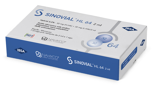 SIRINGA INTRA-ARTICOLARE SINOVIAL HL 64 ACIDO IALURONICO SALE SODICO 3,2% 32MG H-HA + 32MG H-LA/2ML 2 ML - Farmapanda Srl