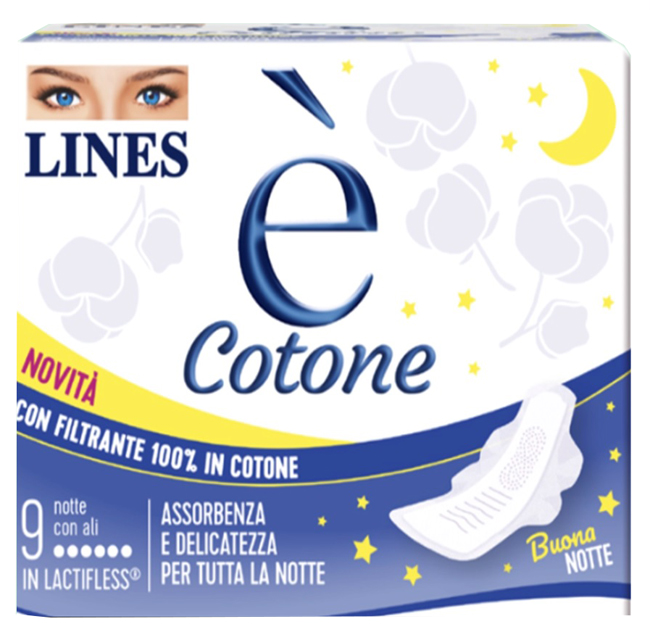 LINES E' COTONE ALI ASSORBENTE ESTERNO NOTTE 9 PEZZI - Farmapanda Srl